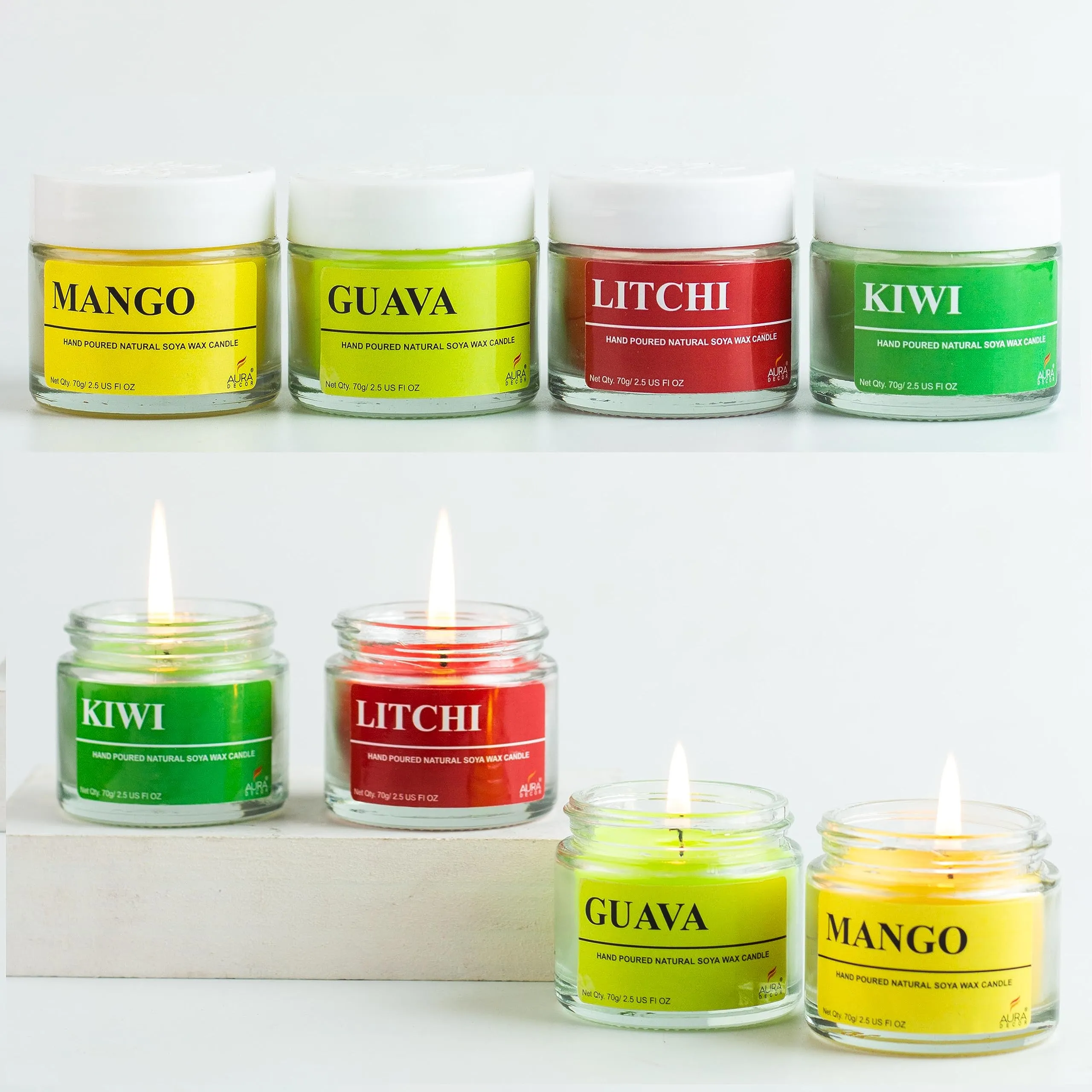 AuraDecor Fragrance Soy Wax Jar Candle || Summer Special || Fruity Fragrance || Soy Wax || Handpoured || Votive Candle || Burning Time 20 Hours Each || Mango, Litchi, Guava, Kiwi (Pack of 8)