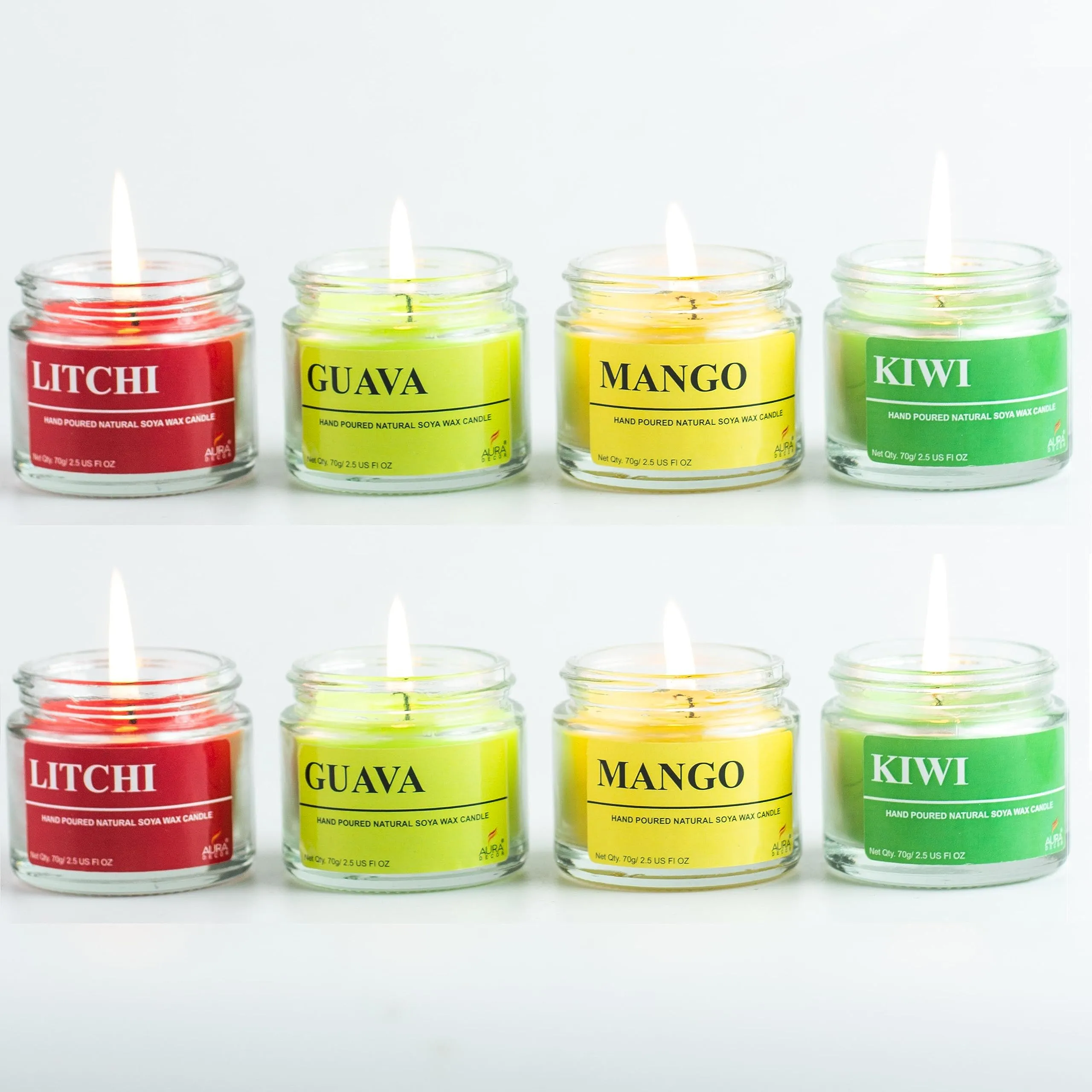 AuraDecor Fragrance Soy Wax Jar Candle || Summer Special || Fruity Fragrance || Soy Wax || Handpoured || Votive Candle || Burning Time 20 Hours Each || Mango, Litchi, Guava, Kiwi (Pack of 8)