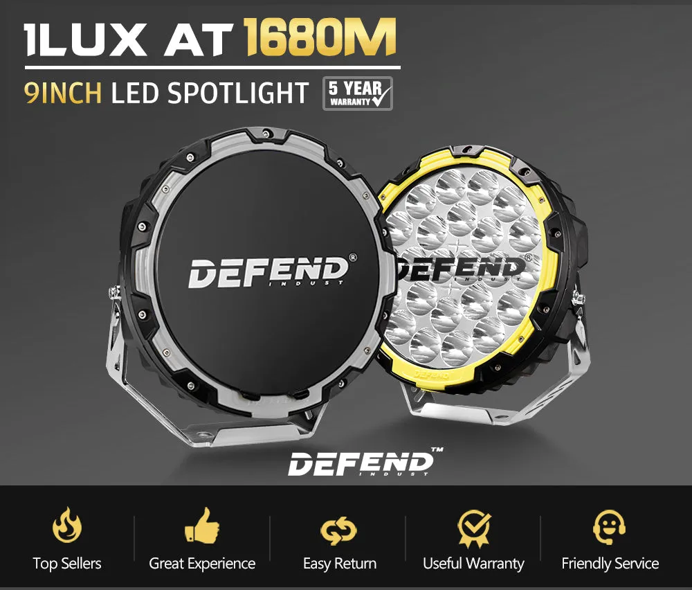 Defend Indust 9inch LED Driving Light 1 Lux @ 1680m (pair) IP68 13,666Lumens Per