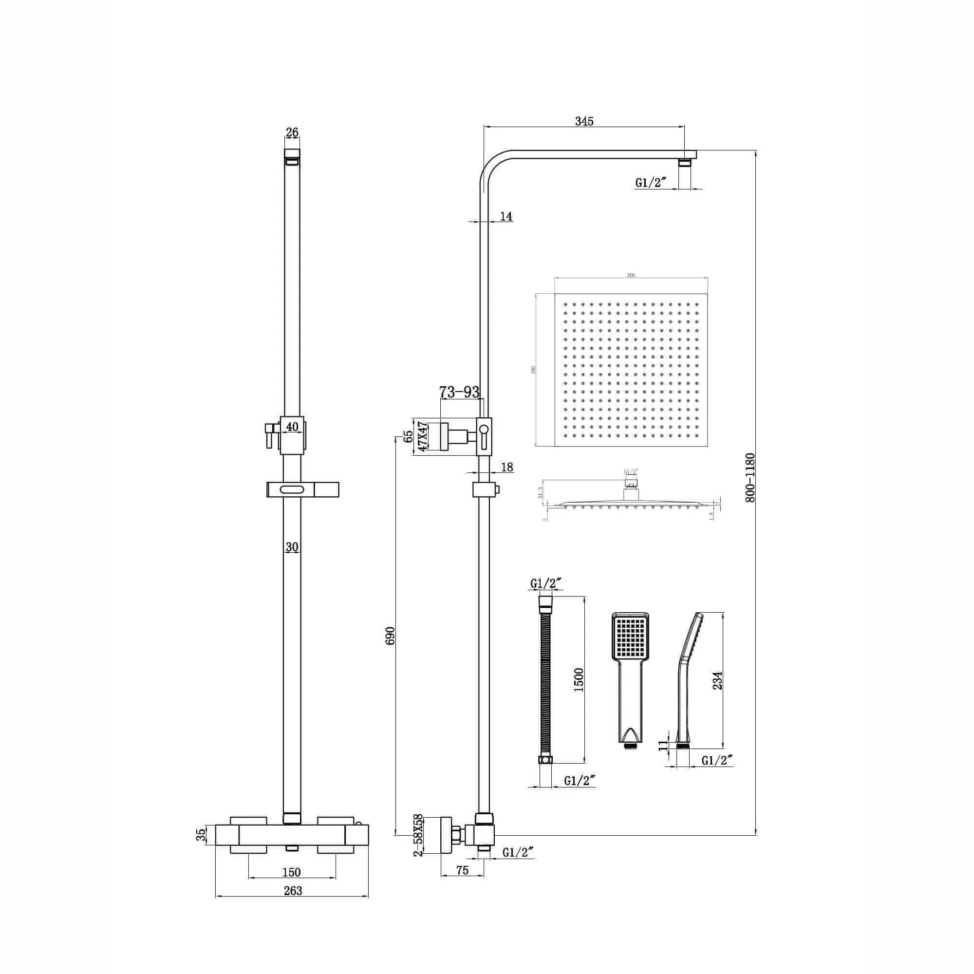 Enzo square thermostatic shower set two outlet with ultra slim 300mm shower head and handheld - matt black