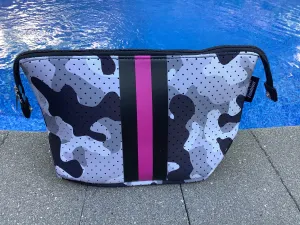 Grey/Black Camo w/ Pink Stripe Neoprene Cosmetic Case/Clutch