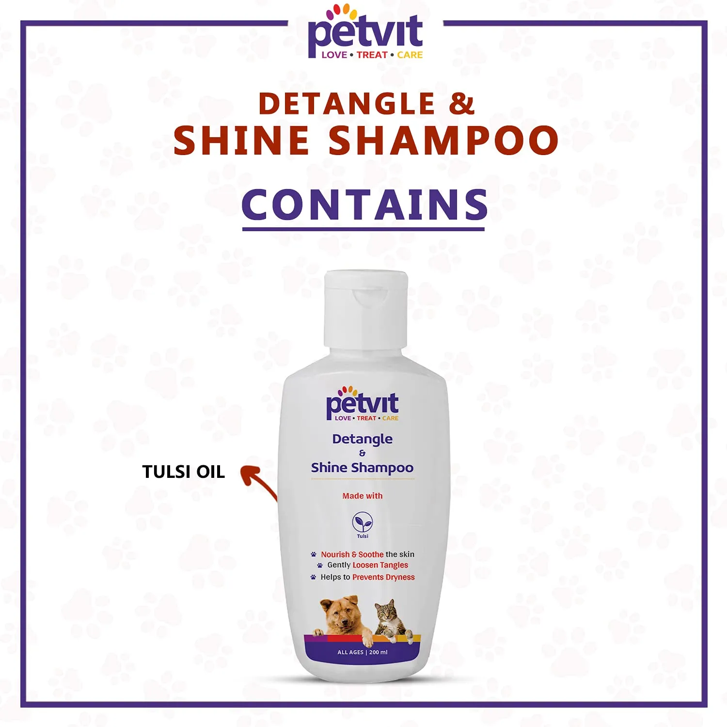 Petvit Detangle & Shine Shampoo with Tulsi Oil |Detangles & Conditions for Soft/Shiny/Healthy Coat, Vegan & Cruelty-Free, pH Balanced, Hypoallergenic, for All Breed Dog/Cat - 200ml, White, (39)