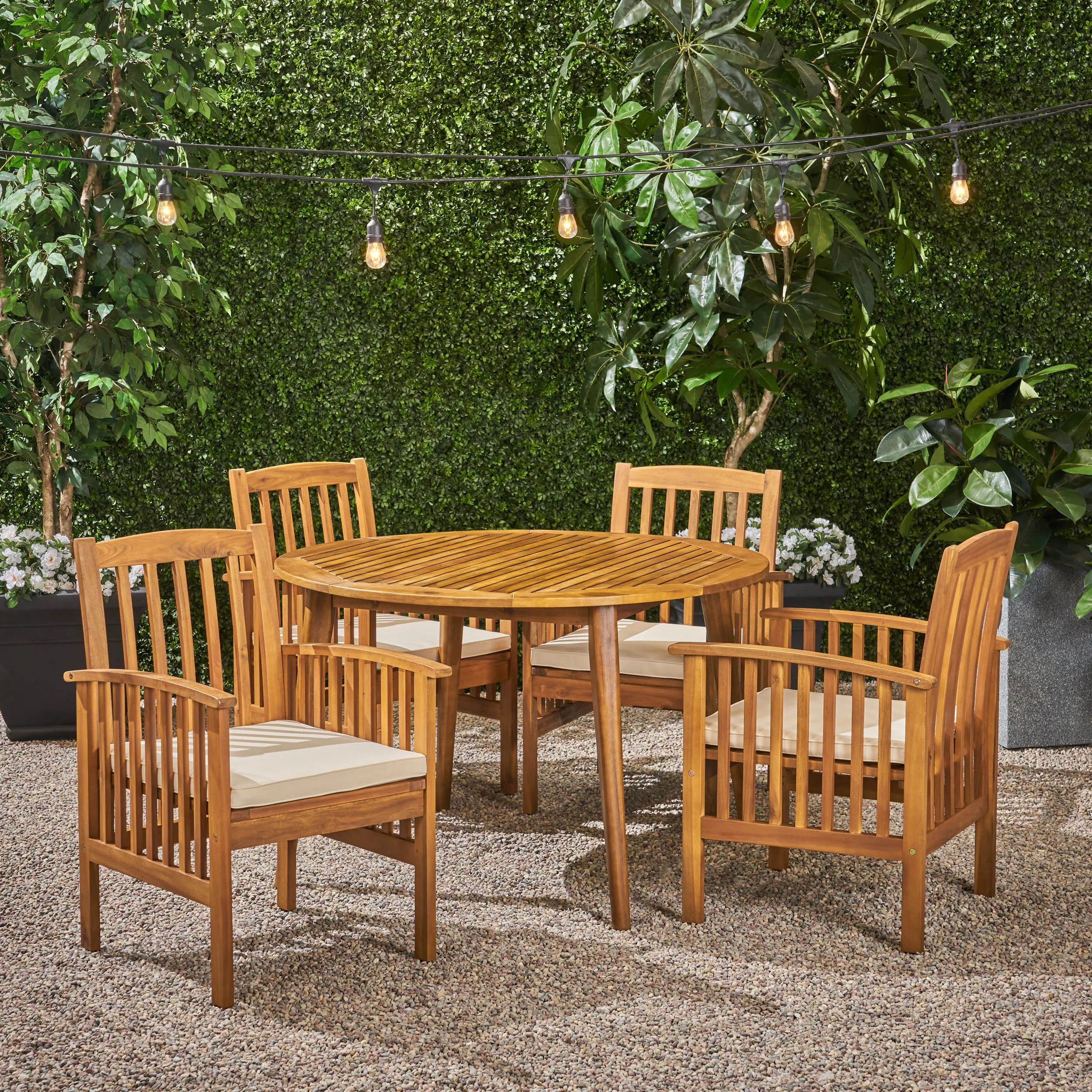 Phoenix Outdoor Acacia 4-Seater Dining Set with Cushions and 47" Round Table with Straight Legs