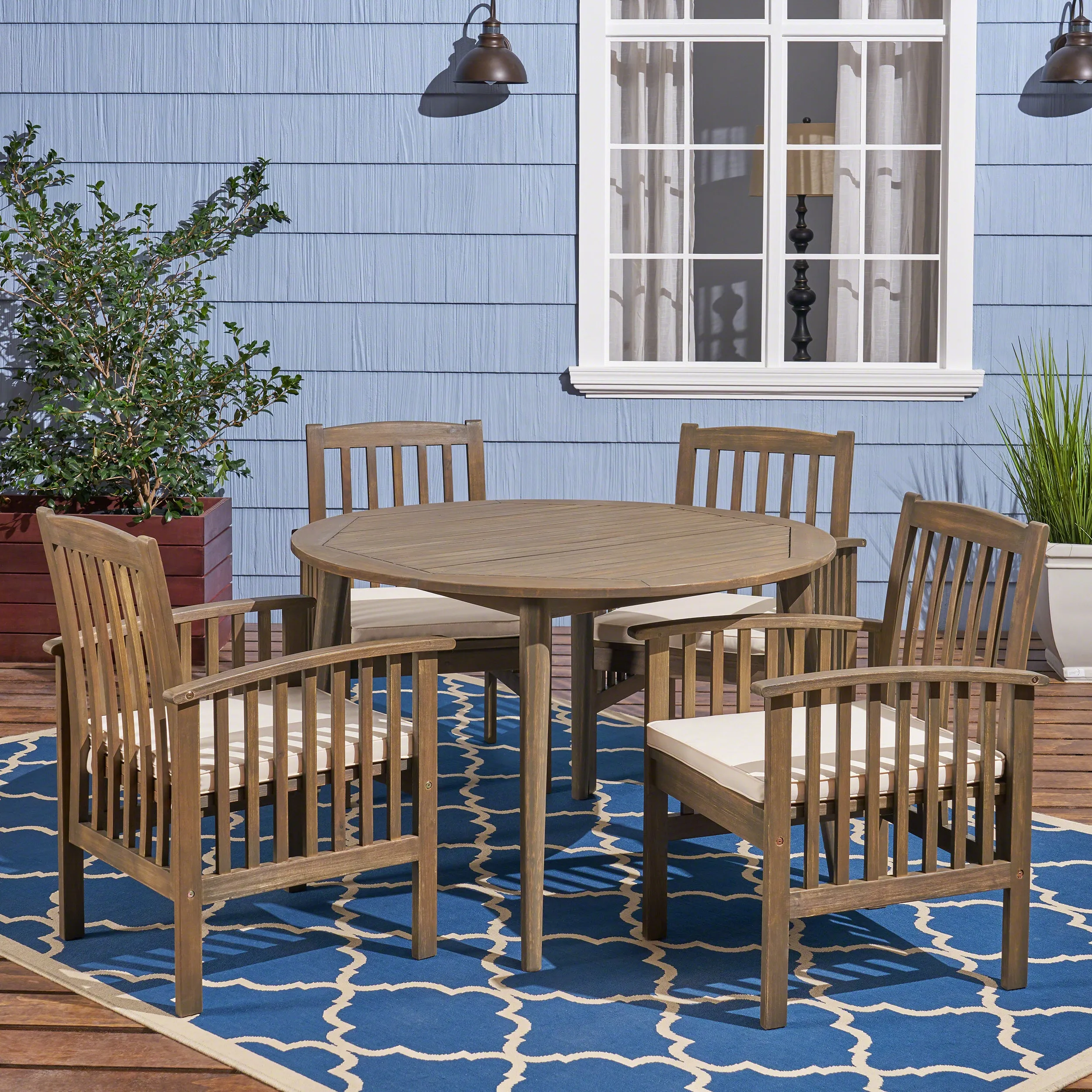 Phoenix Outdoor Acacia 4-Seater Dining Set with Cushions and 47" Round Table with Straight Legs