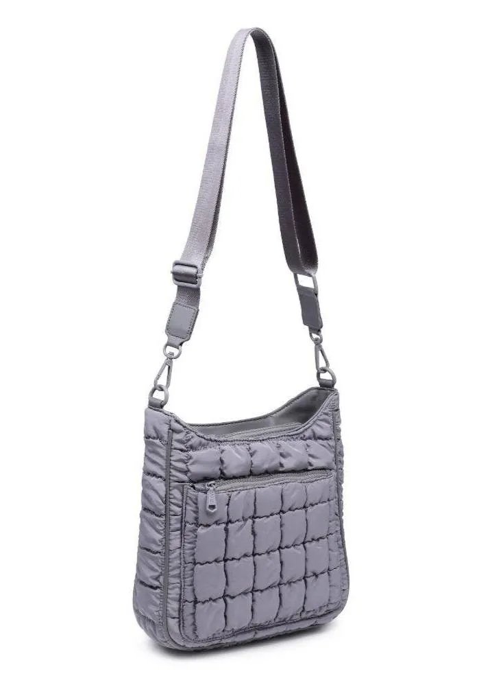 Quilted Nylon Puffer Crossbody in Grey