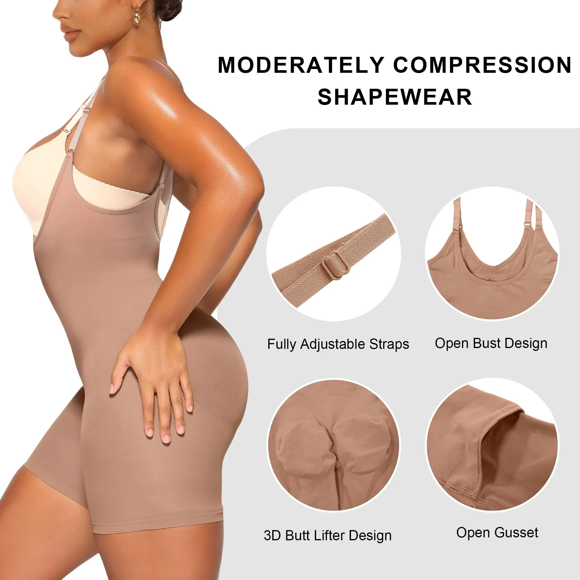 YIANNA Bodysuit for Women Tummy Control Shapewear Open Bust Mid-Thigh Sculpting Body Shaper