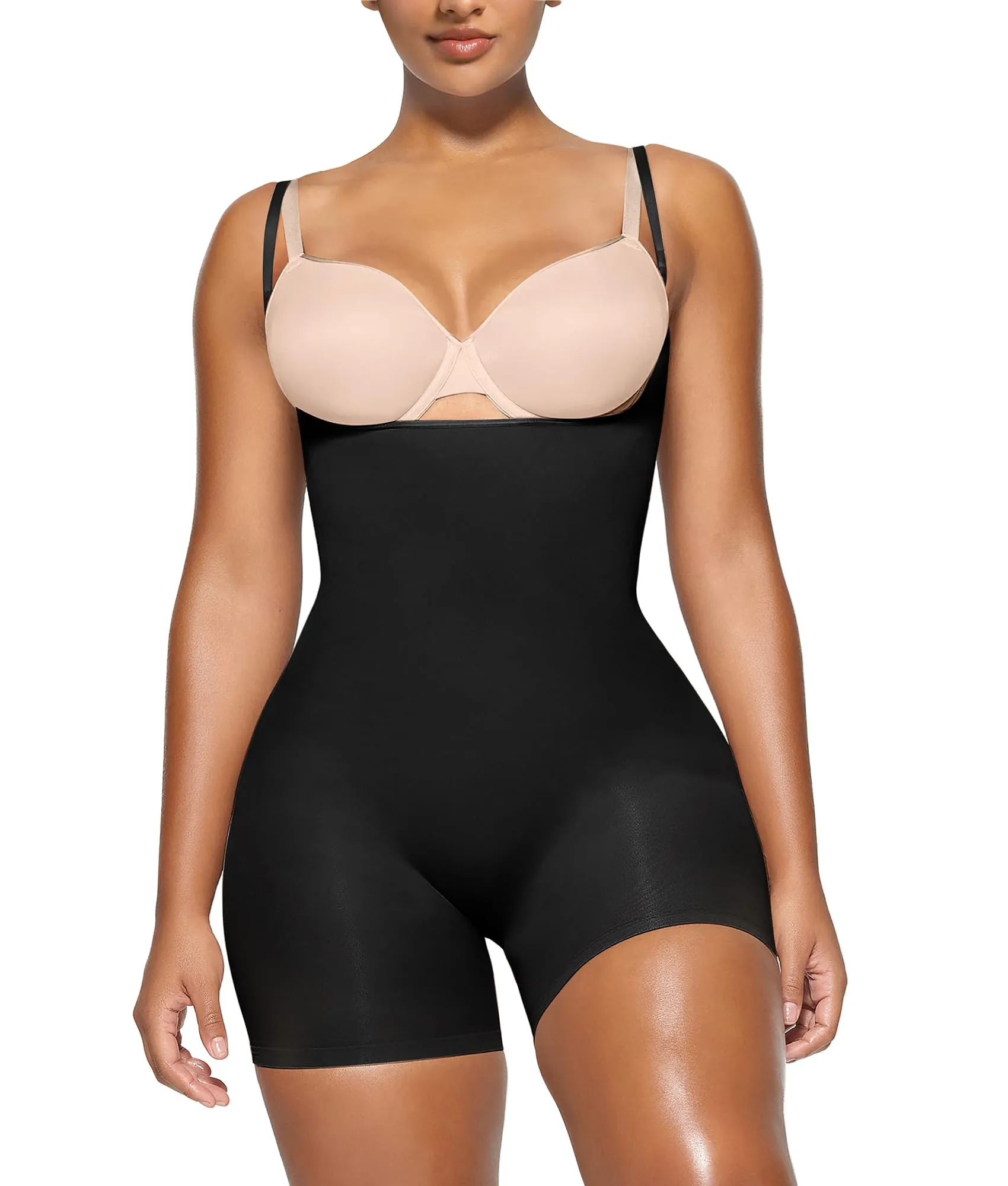 YIANNA Bodysuit for Women Tummy Control Shapewear Open Bust Mid-Thigh Sculpting Body Shaper