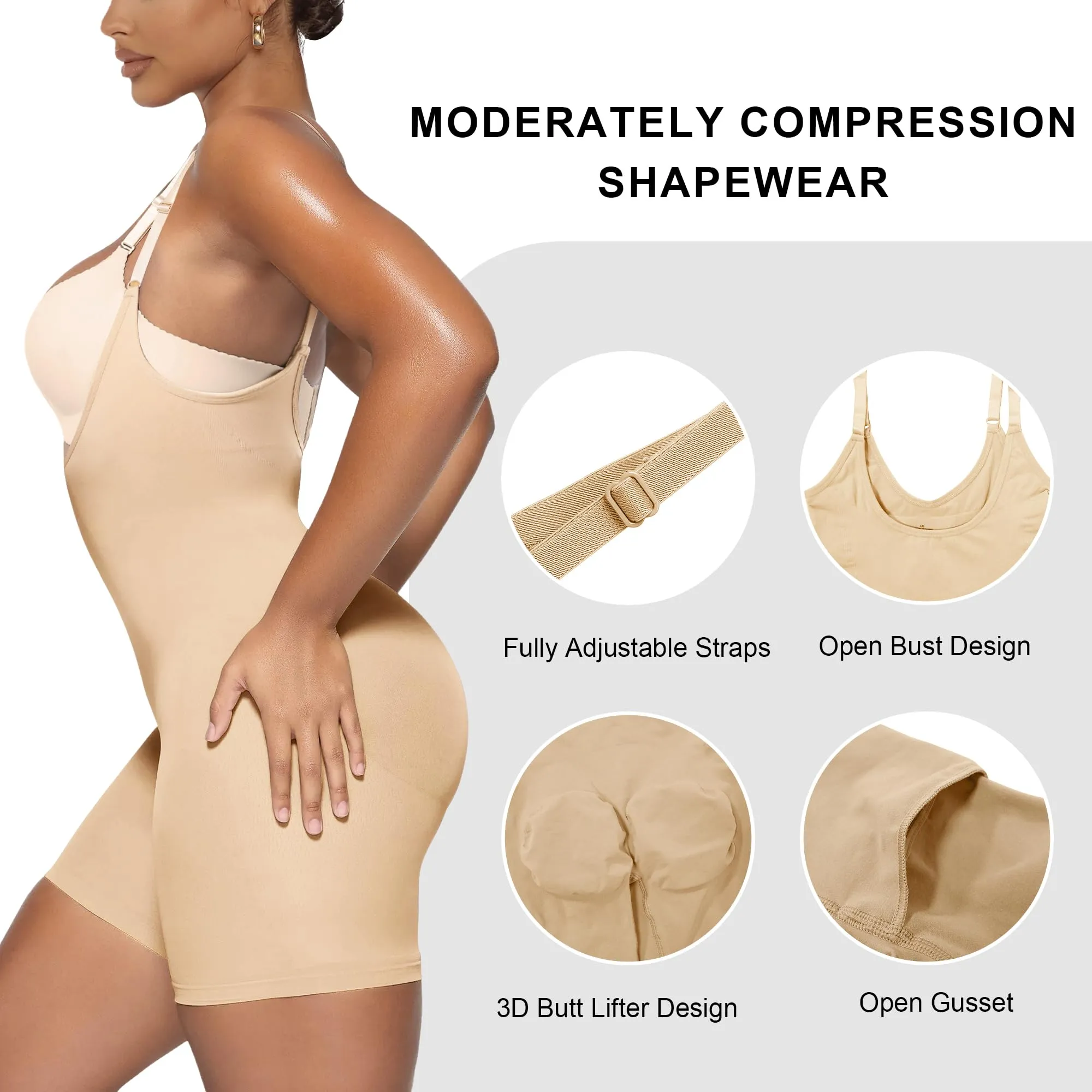 YIANNA Bodysuit for Women Tummy Control Shapewear Open Bust Mid-Thigh Sculpting Body Shaper